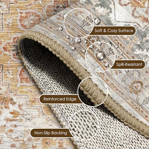 Washable Area Rug 5' x 7' Vintage Traditional Persian Mat - Foldable Distressed Non-Slip Machine Washable Carpet for Living Room Bedroom Kitchen Home Decor - Dove Gray and Coral - Image 6