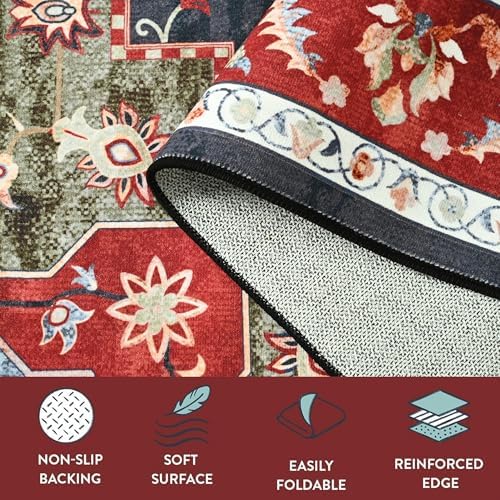 YJ.GWL Area Rugs for Living Room 8x10 Machine Washable Rugs, Non Slip Floral Vintage Rug Indoor Carpet, Stain Resistant Large Rug for Bedroom Dining Room, Red Green - Image 7