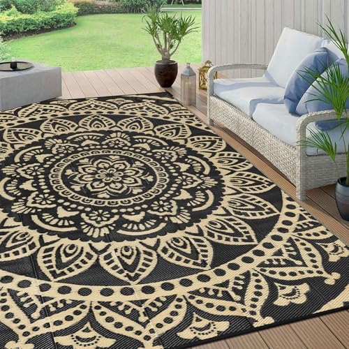 Bsmathom Waterproof Outdoor Rug 9x12ft Large Reversible Boho Plastic Straw Patio Deck Camping Rugs, Indoor Outdoor Portable RV Mat Carpet for Outside, Porch, Balcony, Backyard, Beach, Pool,Black by Bsmathom
