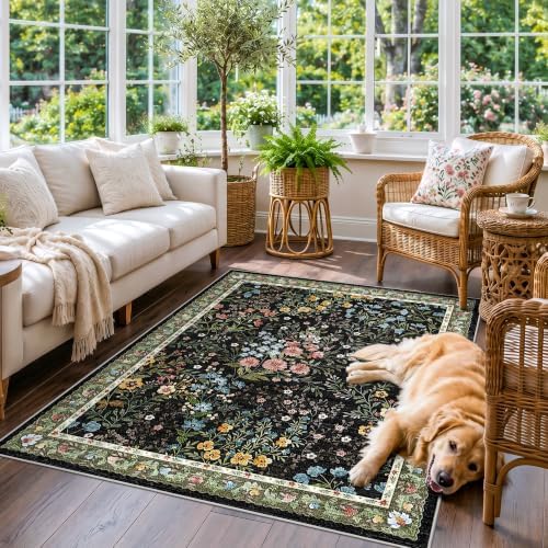 4x5 Washable Entryway Area Rug: Non Slip Floral Washable Entry Rug Living Room Area Rug for Indoor Floor Kitchen Bedroom - Soft Thin Door Mat Carpet Boho Vintage Home Decor (4'x5', Black) by YOUFORTONG