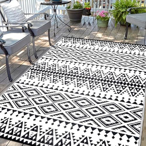Waterproof Outdoor Rug 6x9ft, Bohemia Reversible Plastic Straw Mat for Patio RV Deck Porch Backyard Balcony Camping Picnic Beach Indoor Outdoor Carpet, Black&White by DiiKoo
