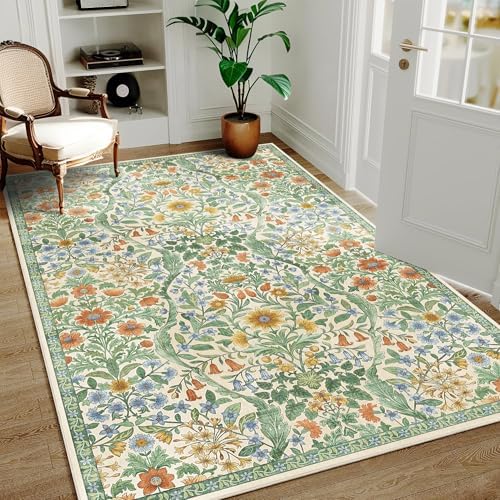 4x6 Floral Area Rug Soft Low Pile Boho Carpet for Living Room by NakedCloud