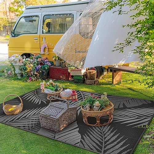 GENIMO Outdoor Rug, Waterproof Plastic Rugs for Patio, 4'x6' Black Grey - Image 3