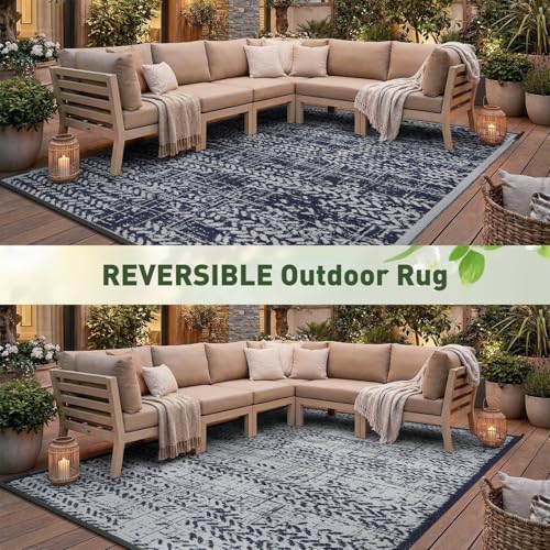 MontVoo Outdoor Rug Waterproof-Patio Rug Mat 5x8 Outdoor RV Camping Picnic Beach Mat Plastic Straw Rugs Outside Outdoor Area Rugs for Balcony Deck Backyard Navy Blue - Image 6