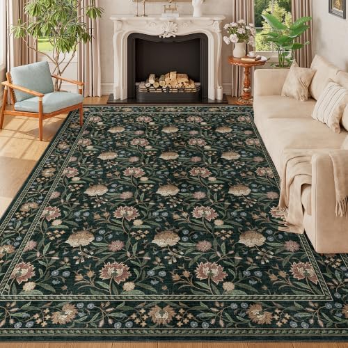DUKINO 9x12 Area Rug for Living Room Vintage Floral Washable Rug Dark Green by DUKINO