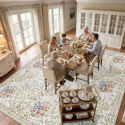 Large Washable Area Rug 12x15: Vintage Floral Distressed Botanical Rug - Machine Washable Non Slip Low Pile Soft Foldable Carpet - Great Room Open Concept Family Room Luxury Indoor Rug - 12'x15' Beige - Image 3