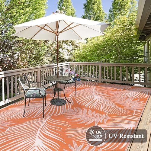 Pauwer Waterproof Outdoor Rug 8x10, Plastic Straw Patio Rug, Leaf Orange - Image 4