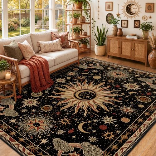 Vacuum-Friendly, 5x7 Washable Area Rug, Black Gold Beige Red by meejou
