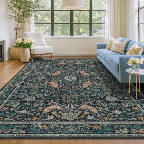 Dark Blue and Green Washable 8x10 Area Rugs for Living Room - Soft Non Slip Botanical Rug for Dining Room Under Table, Bedroom Under Bed, Vintage Large Carpet Decor Stain Resistant by HazoHaus