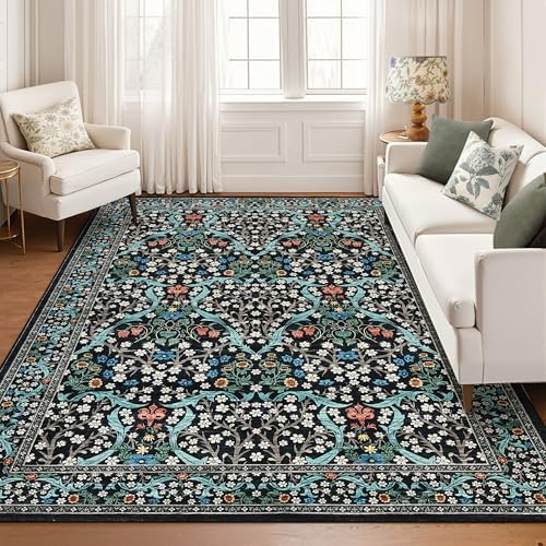GarveeHome Washable Rug for Living Room, 9x12 Large Area Rug for Dining Room Under Table, Bedroom, Floral Soft Low Pile Non Slip Stain Resistant Carpet for Nursery, Playroom, Office, Black by GarveeHome