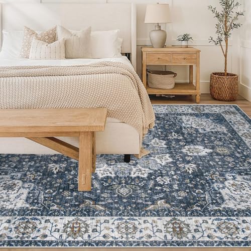 Area Rug 6x9 Washable Rug, Vintage Boho Medallion Rugs Non-Slip Soft Low Pile Large Distressed Rug Indoor Retro Carpet for Living Room Bedroom Dining Room Home Office (Vintage Blue, 6'x9') - Image 2