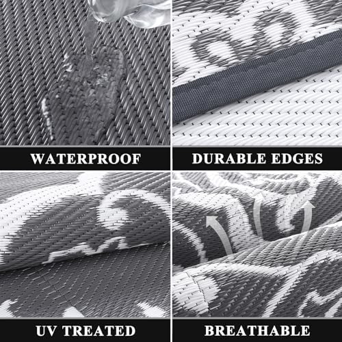 Pauwer Outdoor Rug 9x12, Waterproof Plastic Straw Camping Rug, Boho Grey - Image 2