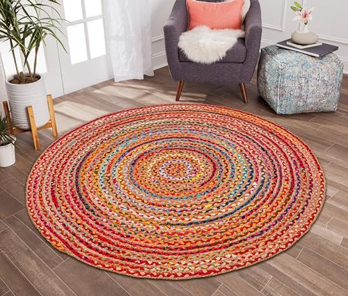 Hausattire Jute Cotton Braided Woven Area Rug 5 Feet Round - Multi Color - Image 4
