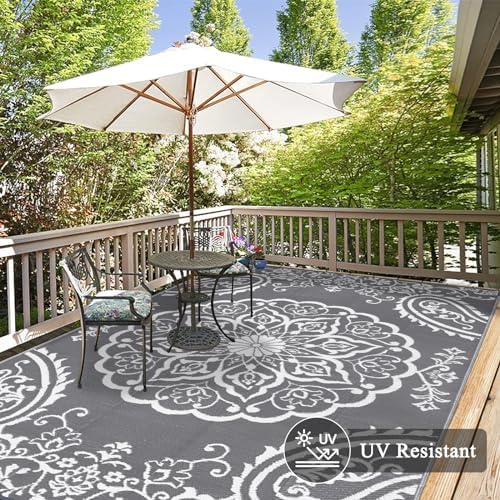 Pauwer Outdoor Rug 9x12, Waterproof Plastic Straw Camping Rug, Boho Grey - Image 3