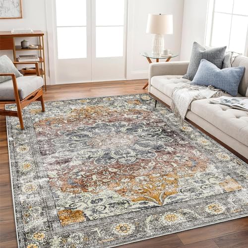 CHAMPLANT Area Rug 6x9 Washable Rug Brown Grey Vintage Traditional Distressed Thin Retro Kitchen Indoor Floor Cover Non Slip Carpet Floral Print Mat Living Room Bedroom Dining Room by CHAMPLANT