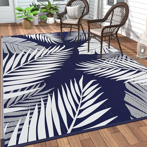 GENIMO Outdoor Rug, Waterproof Plastic Rugs 10'x14' for Camping Blue White by GENIMO