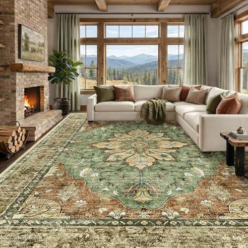 RELEANY Washable Area Rug, Large 10'x14', Brick/Brown/Green by RELEANY