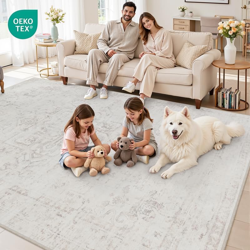 8x10 Area Rugs Living Room: Bedroom Washable Carpet Neutral Cream - Image 7