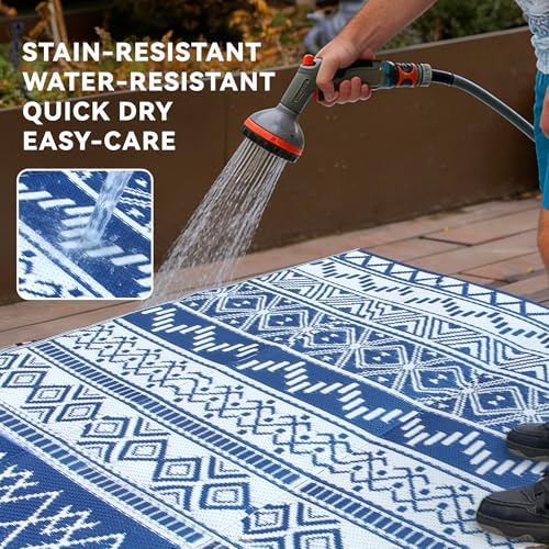 Outdoor Rug 8 x10 ft, Plastic Rug for Patio, Navy & White - Image 4