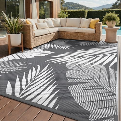 GENIMO Outdoor Rug, Waterproof Plastic Rugs for Patio, 9'x12' Grey White by GENIMO