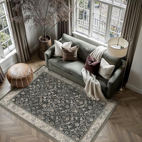 HUGEAR 5x7 Black Beige Vintage Floral Washable Area Rug for Living Room - Image 3