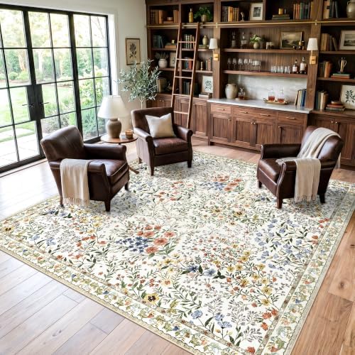 9x9 Square Area Rug Living Room, Non-Slip Floral Washable 8ft Square Rug Low Pile Thin Indoor Carpets for Dining Room Bedroom Office High Traffic Area Boho Vintage Home Decor (9ft Square, Beige) - Image 3