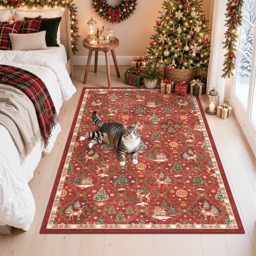 3x5 Christmas Non-Slip Area Rug, Red Washable Vintage Entryway Rug - Image 4