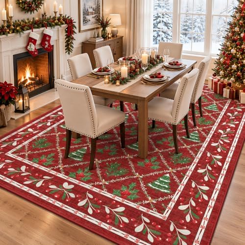 Red Christmas Rug 5x7 for Living Room, Bedroom, Playroom, Nursery Room Machine Washable Low Pile with Non-Slip Backing Christmas Decor for Home (Xmas Red) - Image 5