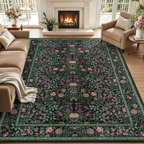 5x7 Area Rug Living Room: Soft Floral Washable Boho Carpet Green by EXPEDIX