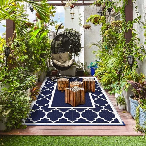 GENIMO Outdoor Rug, Waterproof Plastic Rugs for Patio, 4'x6' Blue White - Image 3