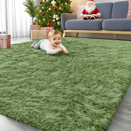 OLANLY 6x9 Machine Washable Large Area Rugs for Living Room, Bedroom, Soft Fluffy Shaggy Bedside Rug, Indoor Floor Carpet for Kids Girls and Boys, Dorms, Nursery, Home Decor Aesthetic, Green by OLANLY
