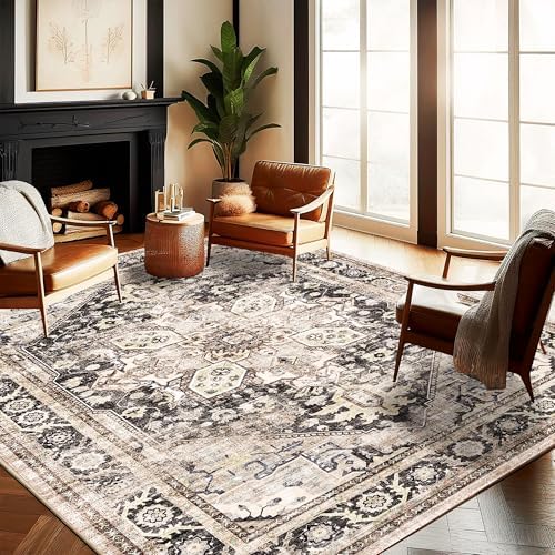 CHAMPLANT Washable Area Rug 10'x14' Black-Purple Khaki Retro Flowers Boho Design Non-Shedding Easy Care Ideal for High Traffic Areas in Living Room Bedroom Office Coffee Table Kitchen Large Carpet by CHAMPLANT