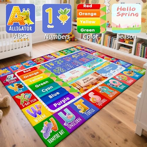 5x7 Kids Rug for Classroom & Playroom - ABC Alphabet Educational Area Rug with Animals Numbers & Colors - Non-Slip Carpet Playmat for Nursery Preschool Elementary - Image 2