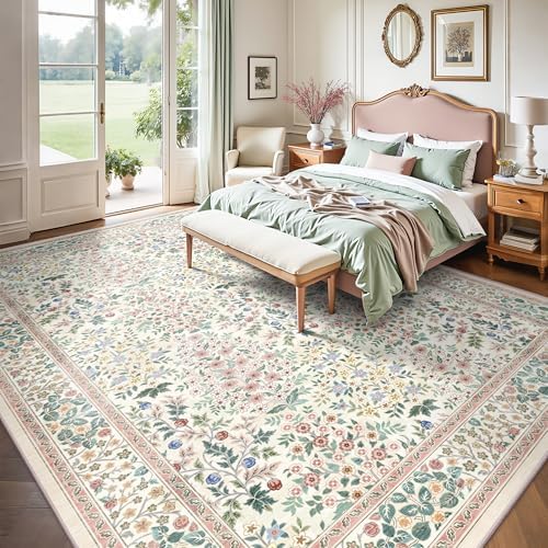 9x12 Area Rugs, Machine Washable Low Pile Floral Rugs for Living Room, Bedroom, Large Boho Area Rug with Non-Slip Backing for Dining Room(Pink Floral) - Image 4