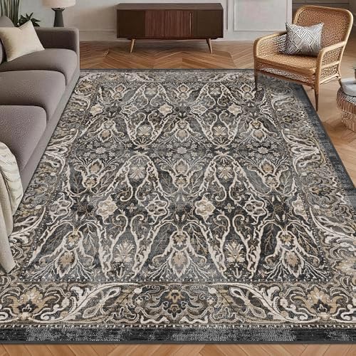 Washable Area Rug 8' x 10' Vintage Traditional Persian Mat - Foldable Distressed Non-Slip Machine Washable Carpet for Living Room Bedroom Kitchen Home Decor - Ebony and Taupe by Unknown