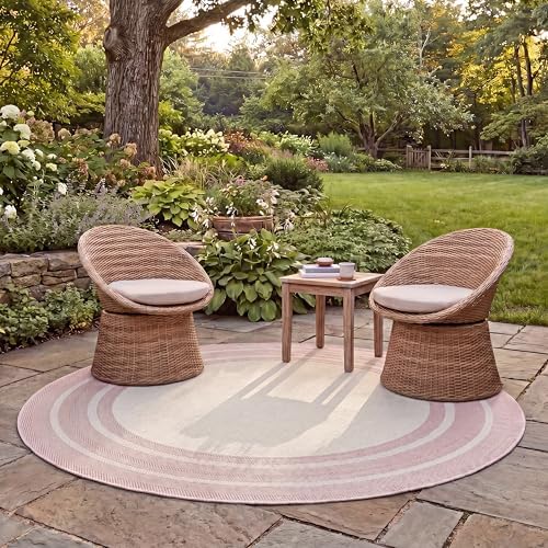 SAFAVIEH Round Rug 6'7" - Courtyard Collection - Modern Design, Ivory & Pink, Non-Shedding & Easy Cleaning, Ideal for Patio, Mudroom, Deck, Backyard (CY8475-56212) by Unknown