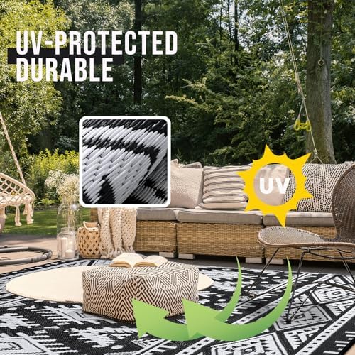 OLANLY Outdoor Rug 8x10 ft Waterproof Reversible Boho Mat, Black & White - Image 4