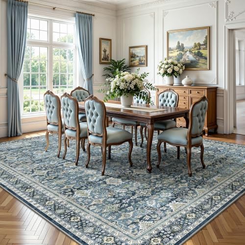 8x10 Area Rugs for Living Room - Washable Vintage Retro Large Rug, Soft Ultra Thin Non Slip Low Pile Traditional Distressed Boho Carpet for Bedroom Dining Room Home Office, Blue - Image 4