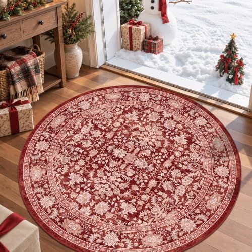 Washable 6ft Round Christmas Dorm Rug Soft Boho Xmas Red Throw Carpet - Image 3