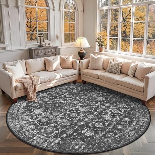 8ft Round Washable Living Room Rug Non-Slip Retro Black Throw Carpet by HOME