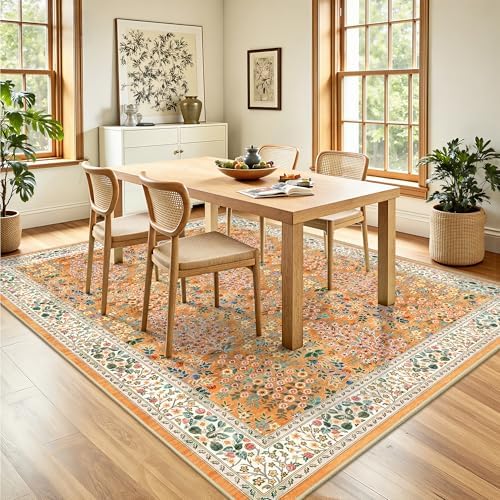 5x7 Area Rugs, Floral Washable Area Rugs for Living Room, Indoor Area Rug for Bedroom, Dining Room, Low Pile Non-Slip Nursery Rug(Orange Floral) - Image 4