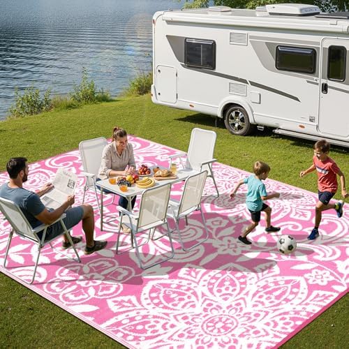 Findosom Waterproof Outdoor Rug 6' x 9' - Reversible Mandala Outdoor Plastic Straw Rug, Durable Foldable Patio Rug for RV, Deck, Balcony, Backyard, Picnic, Porch, Camping, Beach, Pink - Image 5