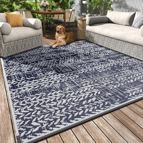 MontVoo Outdoor Rug Waterproof-Patio Rug Mat 5x8 Outdoor RV Camping Picnic Beach Mat Plastic Straw Rugs Outside Outdoor Area Rugs for Balcony Deck Backyard Navy Blue - Image 2