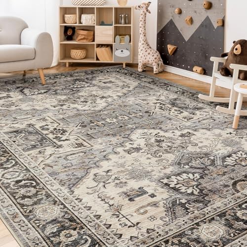 Area Rug for Living Room - 10x12 Soft Washable Oriental Vintage Floral Distressed Large Carpet - Fade Stain Resistant Non Slip Rugs for Bedroom Dining Room Nursery Dorm Office Home Decor - Brown - Image 6