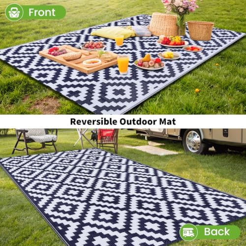 Smiry Outdoor Rug 10x14 ft Waterproof Reversible Boho Mat, White & Navy - Image 6