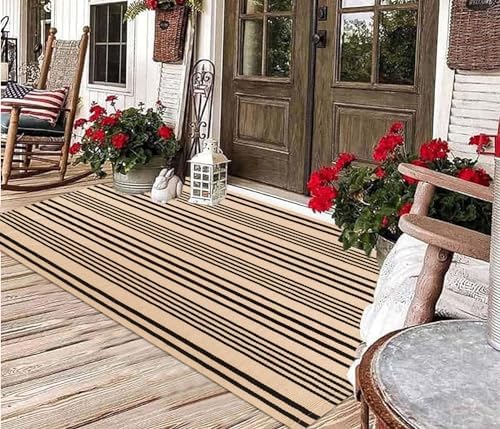 Fall Outdoor Rug 3'x5'Tan Striped Layering Rug Farmhouse Front Porch Rug - Image 6