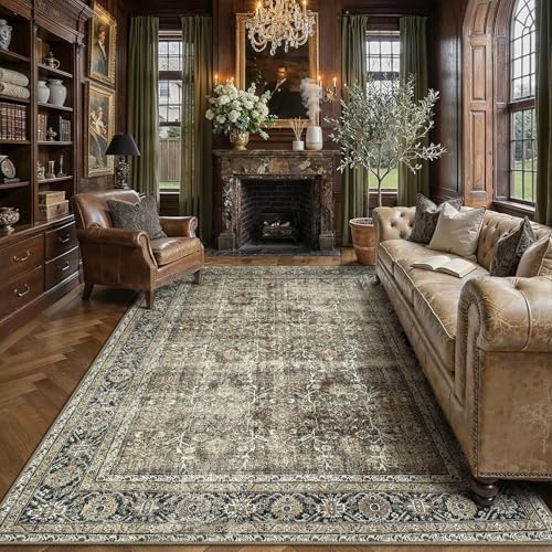 PureCozy 5x7 Washable Area Rug Brown Non Slip Soft Vintage Low Pile Carpet - Image 3