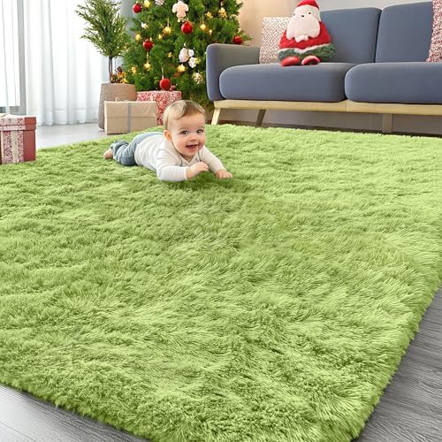 OLANLY 8x10 Machine Washable Large Area Rugs for Living Room, Bedroom, Soft Fluffy Shaggy Bedside Rug, Indoor Floor Carpet for Kids Girls and Boys, Dorms, Nursery, Home Decor Aesthetic, Grass Green by OLANLY