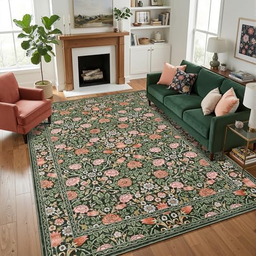 GarveeHome Dark Green Floral Washable Rug 5x7 for Bedroom Living Room by GarveeHome