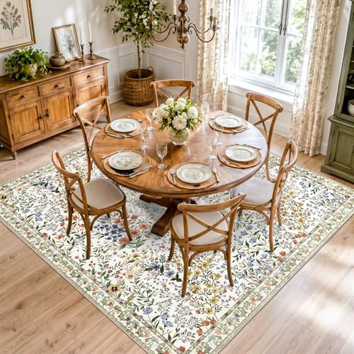 9x9 Square Area Rug Living Room, Non-Slip Floral Washable 8ft Square Rug Low Pile Thin Indoor Carpets for Dining Room Bedroom Office High Traffic Area Boho Vintage Home Decor (9ft Square, Beige) by YOUFORTONG
